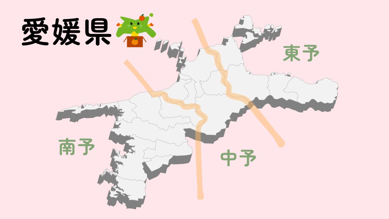 愛媛県の地域区分を表した図（東予・中予・南予）